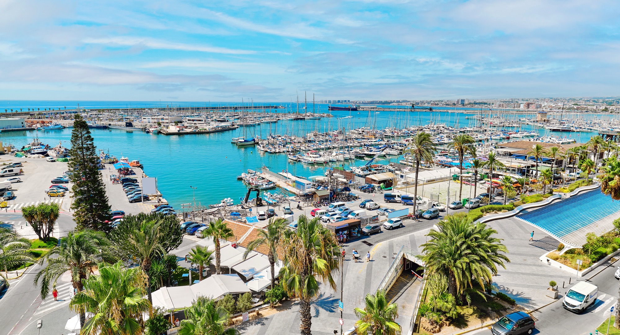 Calpe Costa Blanca, jachthaven met palmbomen en Middellandse Zee